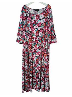 DN design Womens Plus Maxi Dress 22W Multicolor Floral 3/4 Sleeve Stretch